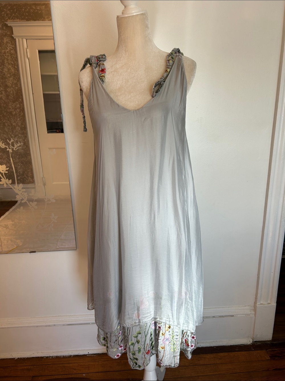 Light Gray Midi Slip Dress with Floral Tie-Strap Details